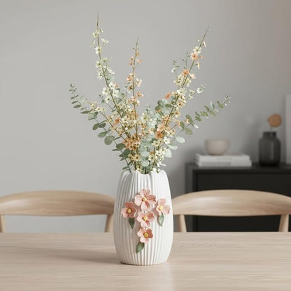 Small White Vase - 7 Inch Ceramic Modern Vase for Pampas Grass, 3D Sculpted Minimalist Flower Vases Home Decor, Living Room, Office Desk, Table, Centerpiece Decor