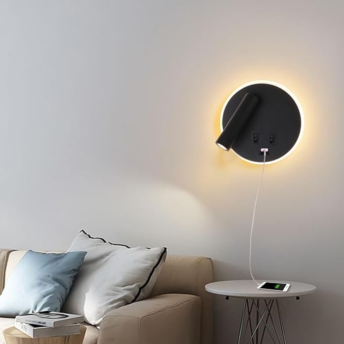 USB Charging Port Wall Wash Light Black Bed LED with Interior Wall Adjustable Spotlight Reading lamp Wall lamp Bedroom Indoor Bedside Lamp 3000K (3W + 9W)