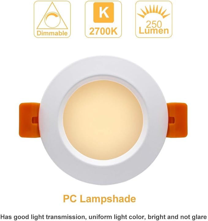 2 Inch LED Recessed Lighting, Dimmable Downlight 3W(35W Halogen Equivalent), CRI80, 2700K Ultra Warm White Ceiling Light with LED Driver (1 Pack)