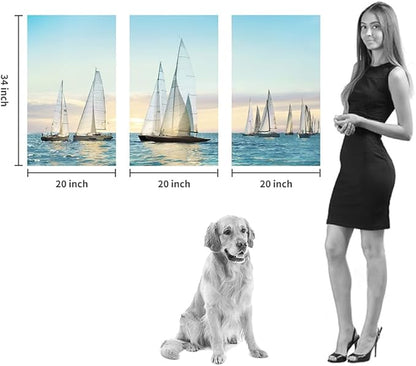 Hardy Gallery sailboat wall art coastal pictures: nautical wall decor sailing artwork blue ocean print in canvas painting for living room 20" x 34" x 3 panels