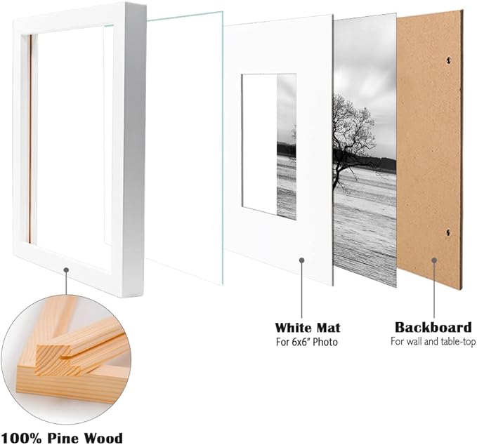 Egofine 10x10 Picture Frames White,Made of Solid Wood with HD Plexiglass for Pictures 6x6 with Mat or 10x10 without Mat, Tabletop and Wall Mounting Display, Set of 4