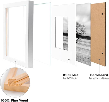 Egofine 10x10 Picture Frames White,Made of Solid Wood with HD Plexiglass for Pictures 6x6 with Mat or 10x10 without Mat, Tabletop and Wall Mounting Display, Set of 4