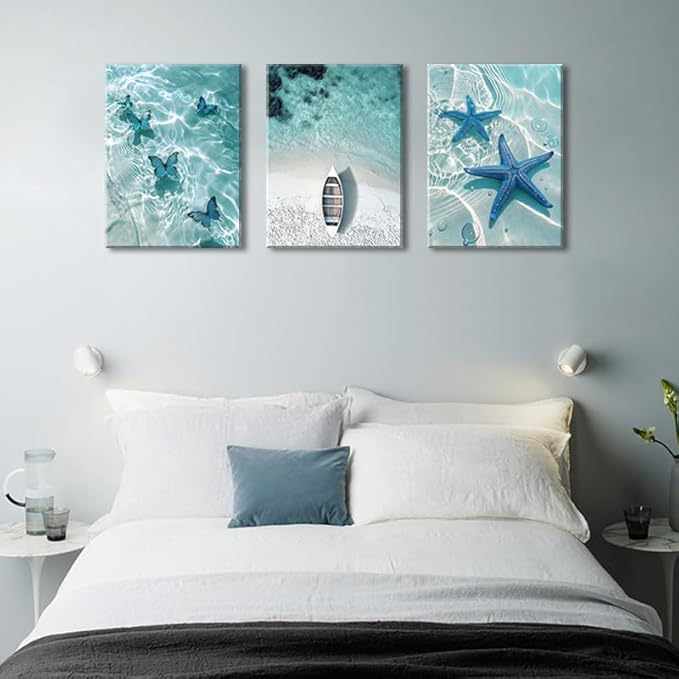Ocean Wall Art Beach Canvas Print Starfish Shell on Teal Board Paintings Coastal Seascape Picture Blue Butterfly Artwork for Home Kitchen Bathroom Living Room Wall Decor Ready to Hang 16"x24"x3pcs