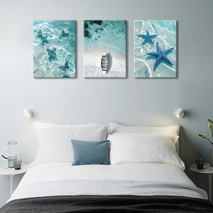 Ocean Wall Art Beach Canvas Print Starfish Shell on Teal Board Paintings Coastal Seascape Picture Blue Butterfly Artwork for Home Kitchen Bathroom Living Room Wall Decor Ready to Hang 16"x24"x3pcs