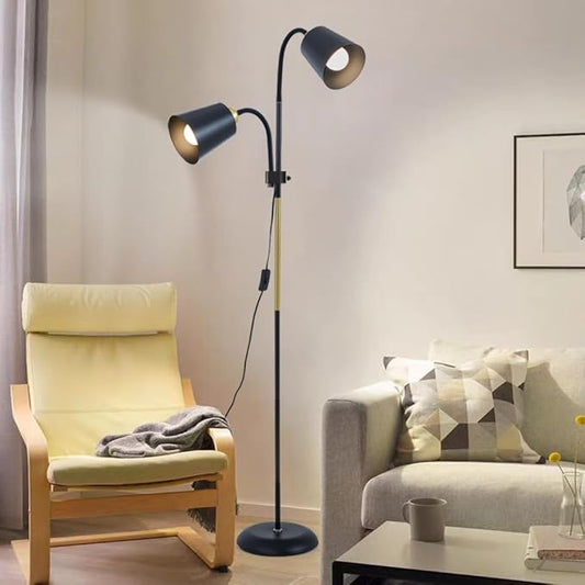 Floor Reading Lamp, Industrial Metal Floor Lamps for Living Room with Adjustable Bendable, 2 in 1 Reading Table Lamps for Living Room Bedroom Office, 12W Bulb Included (Black-2 Heads)