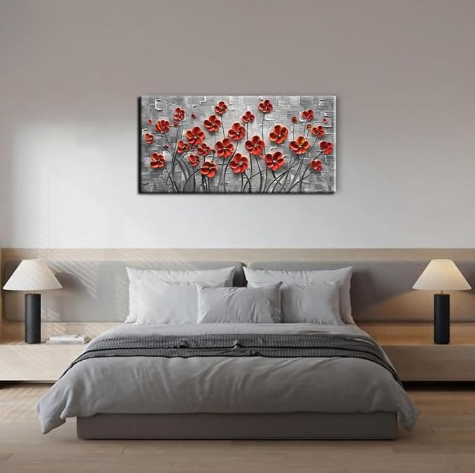 YaSheng Art - 48x24inch Canvas Wall Art, Hand Painted Oil Painting Wall Art ,Abstract 3D Texture Wall Art Pictures, Red Floral Paintings, Modern Home Bedroom Wall Art Decor, Wall Art for living room, Large Framed oil painting.