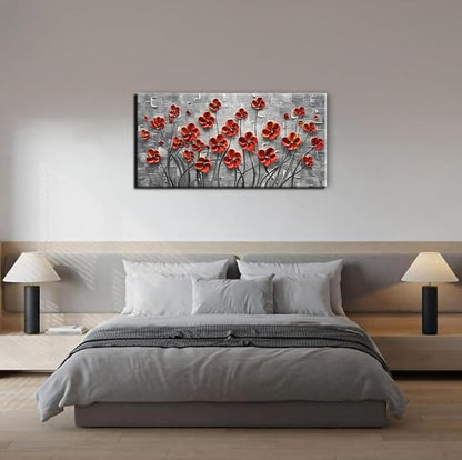 YaSheng Art - 48x24inch Canvas Wall Art, Hand Painted Oil Painting Wall Art ,Abstract 3D Texture Wall Art Pictures, Red Floral Paintings, Modern Home Bedroom Wall Art Decor, Wall Art for living room, Large Framed oil painting.