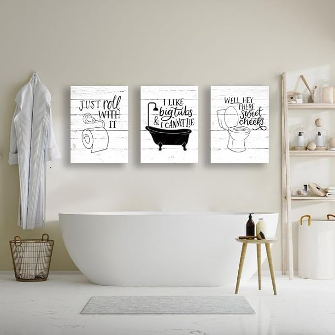 Funny Bathroom Canvas Wall Art Black and White Toilet Bathtub Bath Set Poster Print 3 Pieces Bathroom Quotes Painting Retro Wood Style Artwork for Restroom Farmhouse Bath Bathroom Decor 12"x16"(30x40cm)