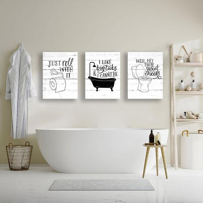 Funny Bathroom Canvas Wall Art Black and White Toilet Bathtub Bath Set Poster Print 3 Pieces Bathroom Quotes Painting Retro Wood Style Artwork for Restroom Farmhouse Bath Bathroom Decor 12"x16"(30x40cm)