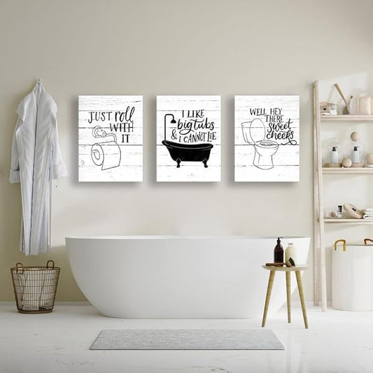 Funny Bathroom Canvas Wall Art Black and White Toilet Bathtub Bath Set Poster Print 3 Pieces Bathroom Quotes Painting Retro Wood Style Artwork for Restroom Farmhouse Bath Bathroom Decor 12"x16"(30x40cm)