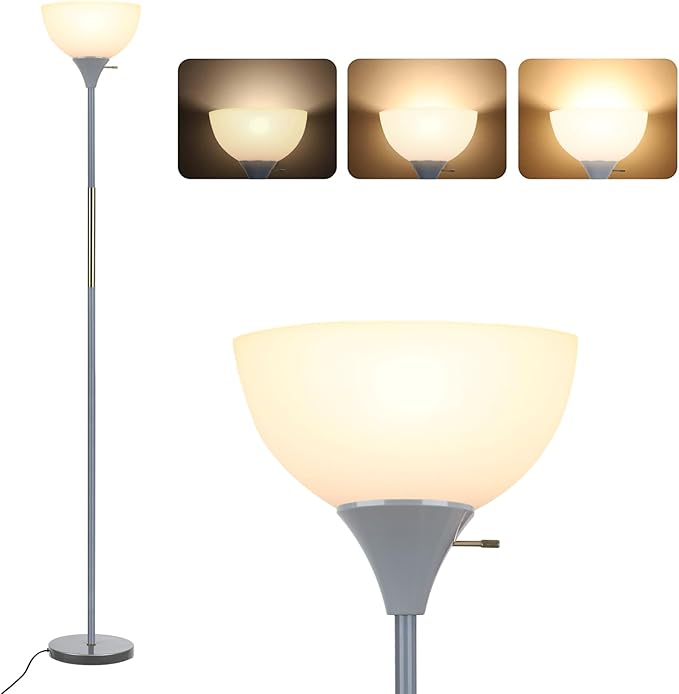 LALISU Floor Lamp, LED Standing Lamp 3 Way Dimmable Brightness Floor Lamp Rotary Switch Floor Lamps Modern Industrial Lamp with Shade, Tall Lamps for Living Room Bedroom Office Dining Room (Grey)