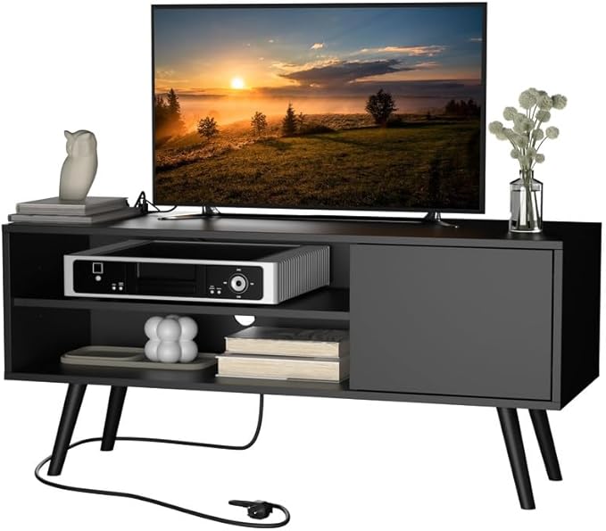 Cozy Castle TV Stand for 48-55 Inch TV, Mid Century Modern Entertainment Center with Storage Cabinet, TV Media Console with Charging Station for Living Room (Black, 43.3" W x 15.7" D x 19.5" H)