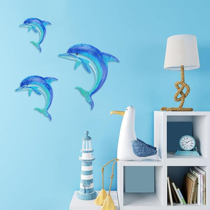 Dolphin Wall Decor Metal Fish Wall Decor Sea Coastal Outdoor Wall Art Metal Beach Ocean Decor For Bathroom Indoor Garden Yard Pool Outdoor Patio Kitchen (3 Pcs)