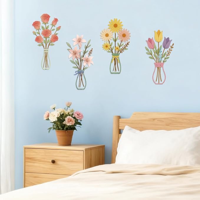 twinklemon 4PCS Metal Flower Wall Art Rustic Farmhouse Floral Wall Decor Modern Minimalism Walls Hanging Sculptures Boho Home Decorations for Bedroom Bathroom Living Room Dining Room