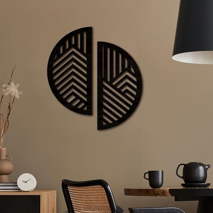 Geometric Wood Wall Art Decor, Modern Mountain Wall Sculptures Hanging Abstract Line Panels Decor, Hollow Half Round Wooden Craft Art Boho Wall Decoration, for Home Office Living Room Bedroom (Black)