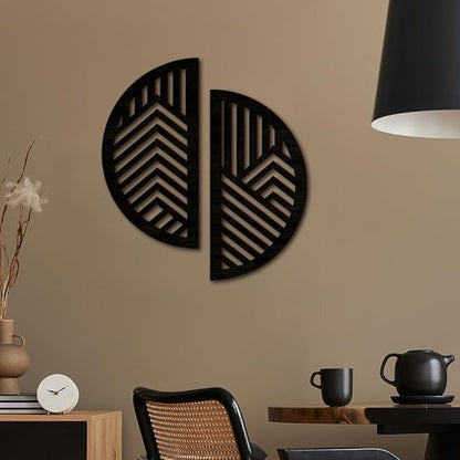 Geometric Wood Wall Art Decor, Modern Mountain Wall Sculptures Hanging Abstract Line Panels Decor, Hollow Half Round Wooden Craft Art Boho Wall Decoration, for Home Office Living Room Bedroom (Black)