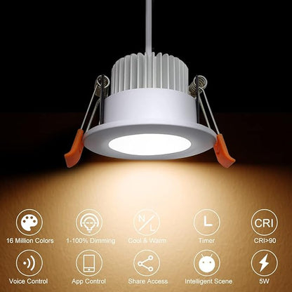 Smart 2 Inch LED Recessed Lighting RGB WiFi Downlight, 5W Compatible with Alexa and Google Home, Dimmable RGB & CCT 2700-6500K Color Changing, 120V LED Ceiling Light with Driver (1 Pack)