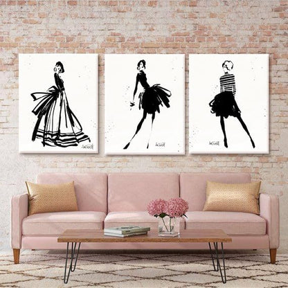 Chadow Artwork 3 Pieces Girl in Black Dress Wall Art Bathroom Art Fashion Women Canvas Pictures for Bedroom Beauty Salon Bathroom Makeup Room Decor 12"x16" (30cmx40cm)