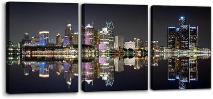 Pacimo 3 Pieces Panoramic Detroit Cityscape Picture Black and White Michigan Night Skyline Canvas Art Prints Wall Decoration for Bedroom Office Stretched and Framed Ready to Hang - 12" x 16" x 3