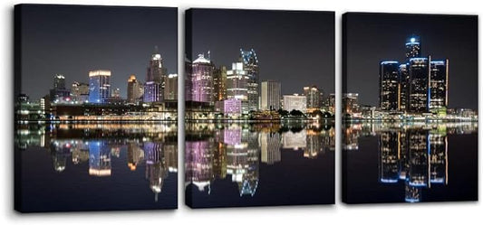Pacimo 3 Pieces Panoramic Detroit Cityscape Picture Black and White Michigan Night Skyline Canvas Art Prints Wall Decoration for Bedroom Office Stretched and Framed Ready to Hang - 12" x 16" x 3