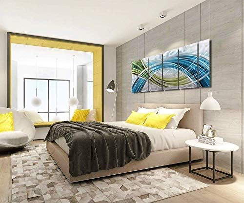 Yihui Arts Abstract Metal Wall Art - Hand Crafted 5 Pieces Panels Large Big Blue Teal Silver Unique 3D Aluminum Modern Contemporary Home Accent