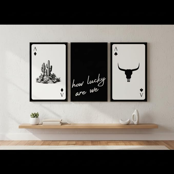 Yxjyzzkx 3-Piece Western Playing Card Wall Art Canvas Set, Black and White Cowboy Aesthetic Wall Decor, Ace of Spades Longhorn Minimalist Quote Canvas Prints for Living Room Bedroom Office