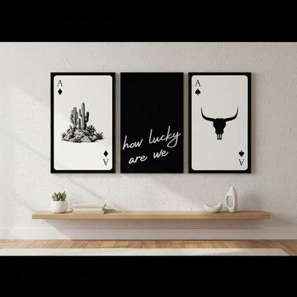Yxjyzzkx 3-Piece Western Playing Card Wall Art Canvas Set, Black and White Cowboy Aesthetic Wall Decor, Ace of Spades Longhorn Minimalist Quote Canvas Prints for Living Room Bedroom Office
