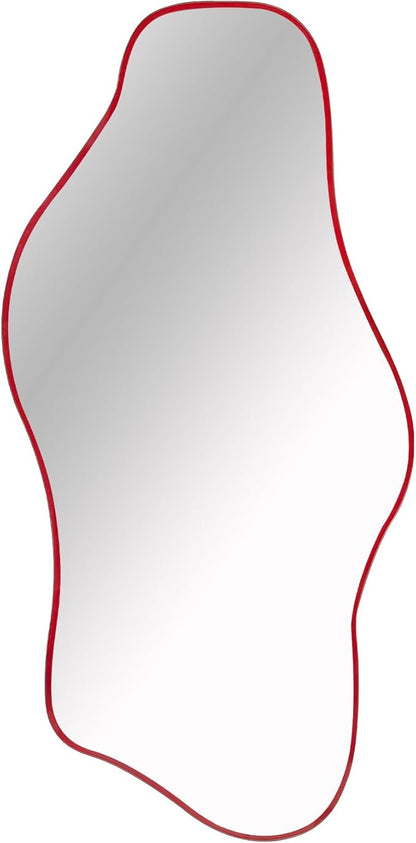 Irregular Tempered Glass Mirror, 35.8"x17.7" Red Asymmetrical Wall Mirror, Modern Abstract Frameless Mirrors for Living Room Bathroom Bedroom Entryway, Horizontal or Vertical Hanging