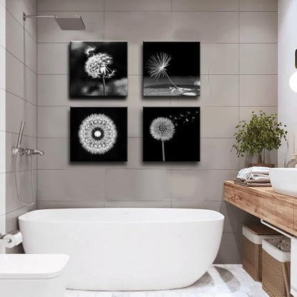 weiyiart Black and White Floral Wall Art, Dandelion Canvas Painting Prints Artwork, Rustic Minimalist Flower Botanical Pictures for Farmhouse Bathroom Bedroom Living Room Decor, 16x16x4pcs