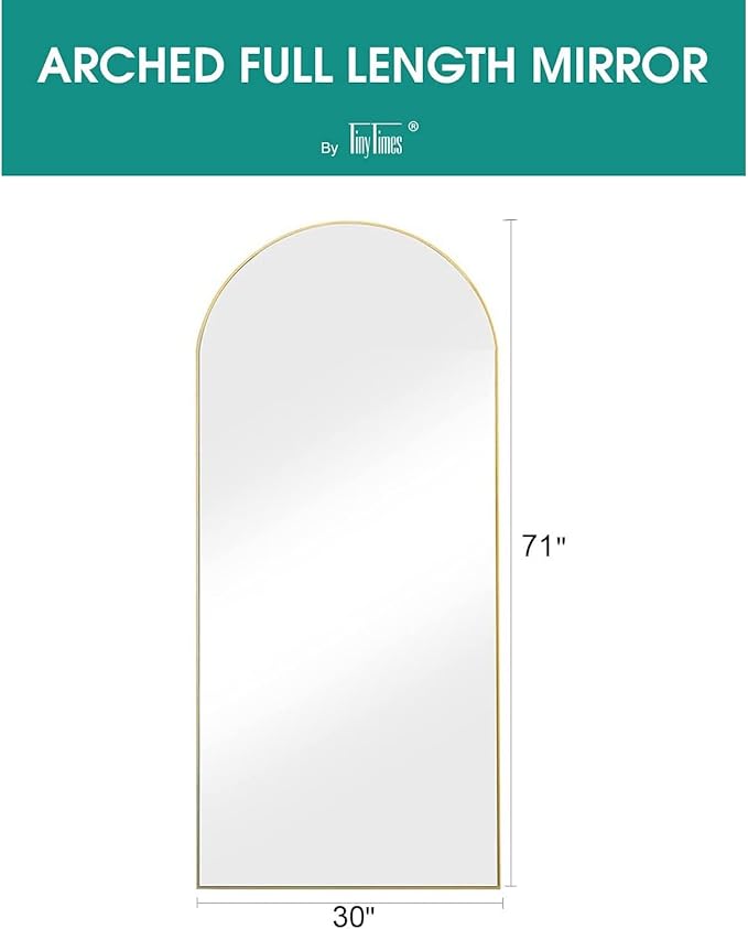 Full Length Mirror, 71''x30'' Floor Mirror with Stand, Arched Wall Mounted Mirror, Large Full Body Mirror with Aluminum Frame Hanging or Leaning for Bedroom, Living Room, Cloakroom (Gold)