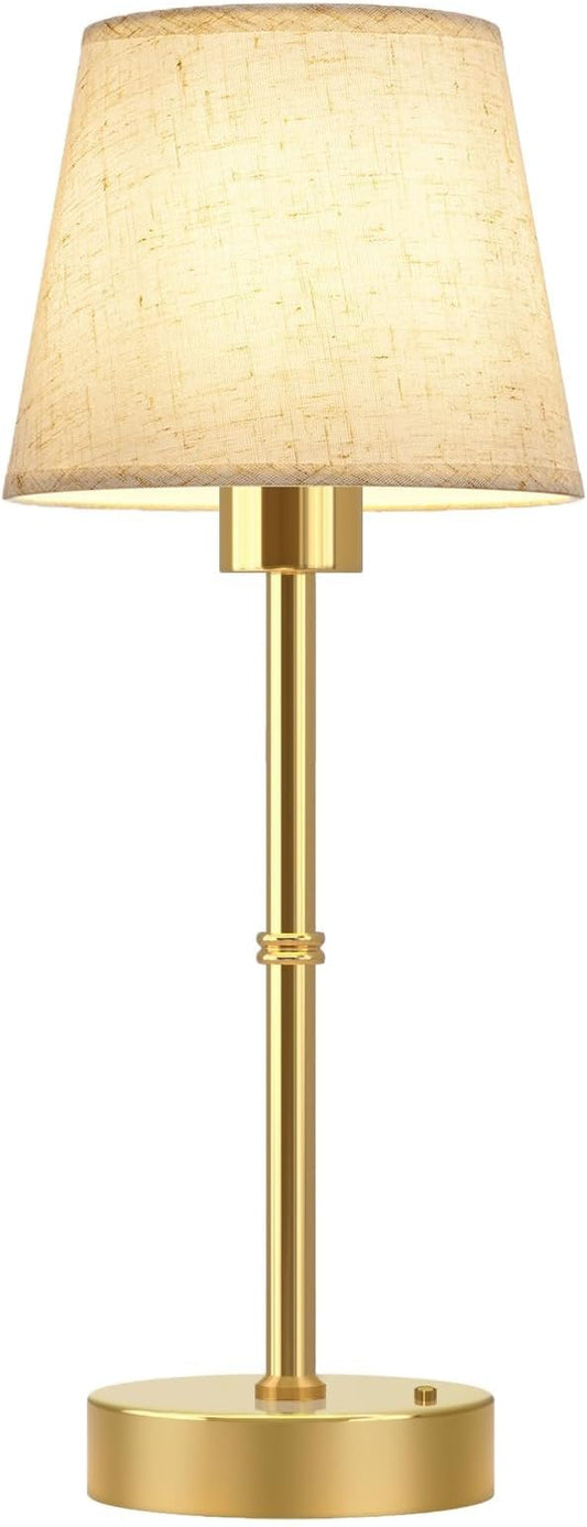 FRIDEKO HOME Rechargeable Table Lamp Gold - Cordless Battery Operated Lamp, Fabric Shade Desk Lamp, Wireless Lamp for Decor Bedroom Dining Table Counter (1pcs-Linen-Bulb Included-15.7in)