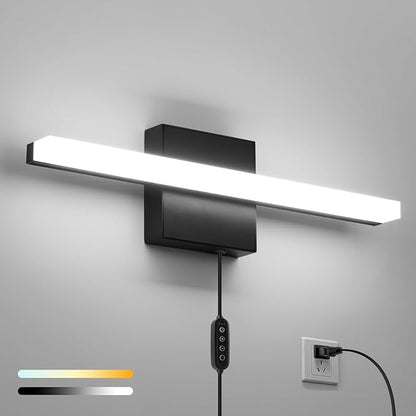 Combuh Black Plug in Vanity Light Bar Corded for Bathroom Lighting Fixture No Wiring, 16Inch 5 Colors Adjustable Dimmable Modern Bright Daylight Mirror Lamp for Wall Dressing Room Makeup (with Plug)