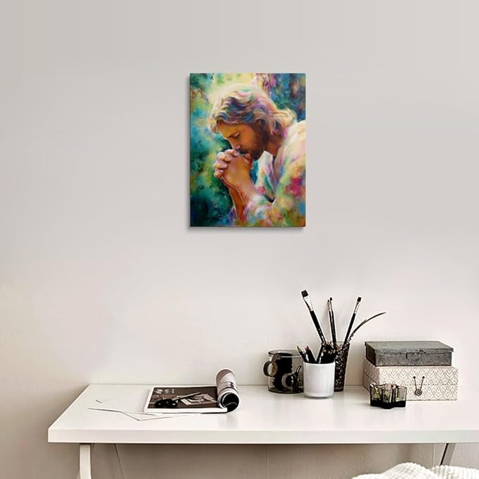 Praying Jesus Canvas Wall Art Colorful abstract Christianity Painting Picture Wall Decorreligious Poster Print Artwork for Prayer Room Living Room 12x16 Inches