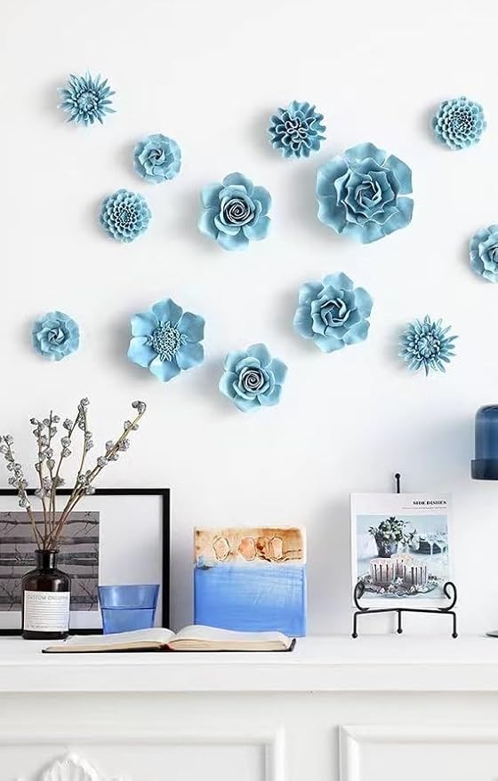 AMERRY 3D Wall Art - Artificial Porcelain Flower Decor for Home & Office (Blue Camellia, 2.76")