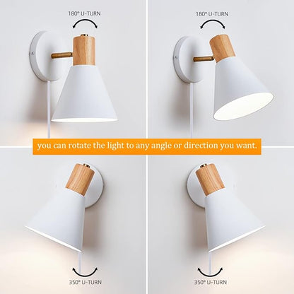Plug in Wall Sconces Lighting Fixture Pack of 2, Wooden Adjustable Bedside Wall lamp for Industrial Bedroom, Living Room Bathroom Sink Lighting (2, White)