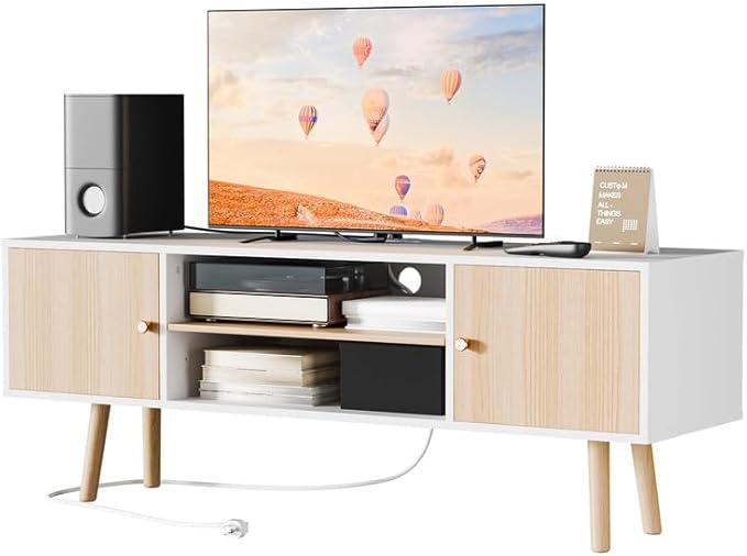 Cozy Castle TV Stand for 48-55 Inch TV, Mid Century Modern Entertainment Center with Storage Cabinet, TV Media Console with Charging Station for Living Room (Oak, 42.5" W x 15.7" D x 19.7" H)