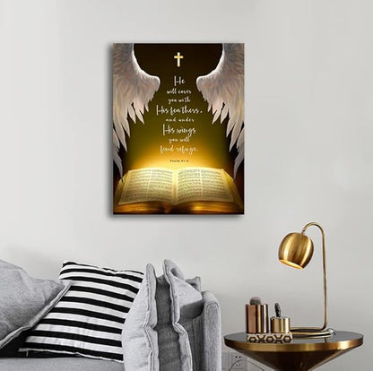 Psalms 91:4 Wall Art Canvas Prints， He Will Cover You With His Feathers，Bible Verse with Christian Sayings Decor, suitable for offices,Church, Home Wall Decor ，Tabletop/Hanging(29x38cm) framed