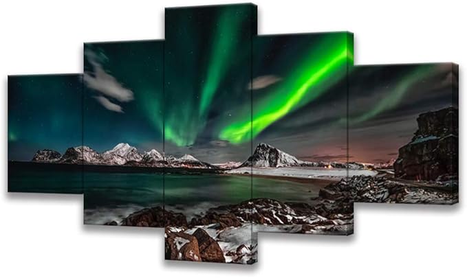 SKASNFAI 5 Piece Alaska Picture Framed Northern Lights Wall Art Green Aurora Borealis Scenery Canvas Wall Decor for Living Room Office Artwork 50x24
