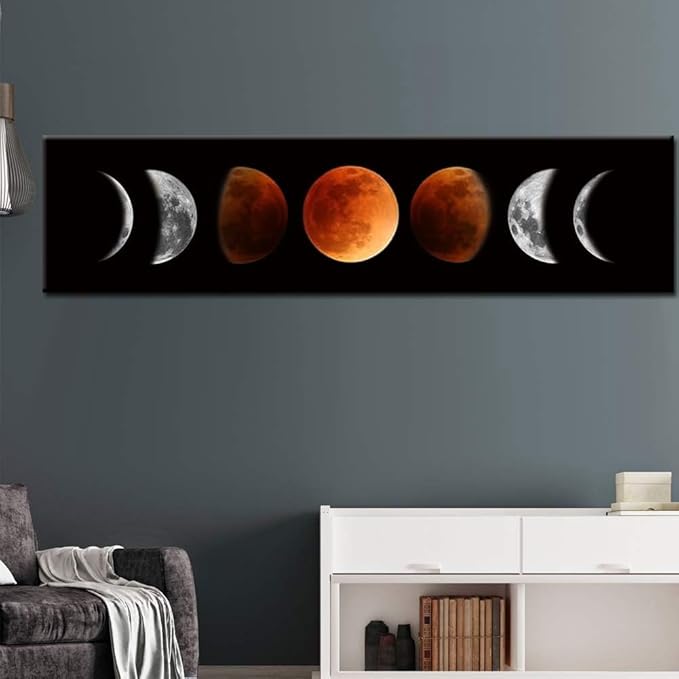 Ohhvvow Moon Phase Wall Art Painting, 47L x 11.8W Black and Tawny Modern Abstract Canvas Wall Art Painting for Living Room Bedroom Decor, Contemporary Artwork for Home Office, Unframed