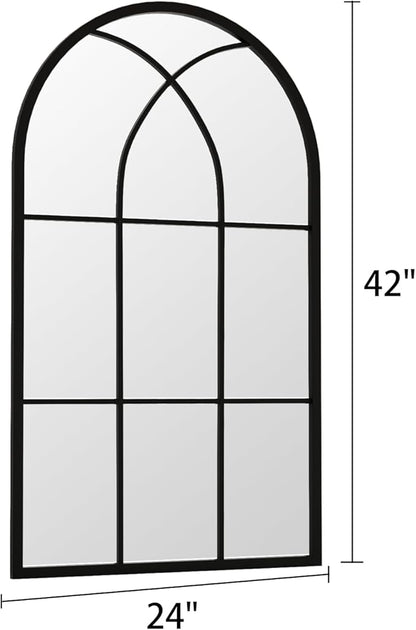 Rowjut Arched Wall Mirror 42" x 24" Window ＆ Wall Decorative Mirror, Iron Framed Window Pane Mirrors, Arched Top Wall Mirror for Entryway Living Room, Bedroom, Fireplace (Black)