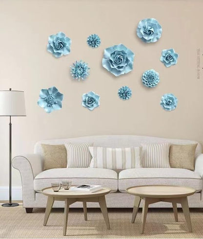 AMERRY 3D Wall Art - Artificial Porcelain Flower Decor for Home & Office (Blue Camellia, 2.76")