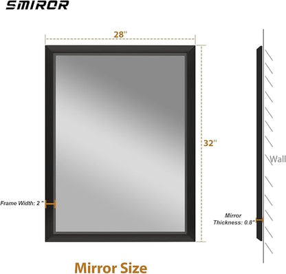 SMIROR Matte Black Bathroom Mirror for Over Sink 28x 32 inch, Metal Thick Frame Rectangle Vanity Mirror for Wall, Anti-Rust, Horizontally or Vertically Mounted