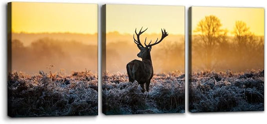 Pacimo Canvas Print Wall Art 3 Pieces Set Deer in Golden Light at Dawn Nature Wilderness Photography Realism Rustic Scenic Relax/Calm Multicolor for Living Room Bedroom Office Decor - 12" x 16" x 3