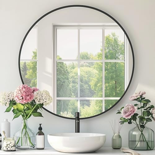 Black Round Mirror, Black Round Mirror 26 inch, Metal Frame, Circle Wall Mounted Mirrors for Bathroom, Living Room, Bedroom, Entryway, Vanity