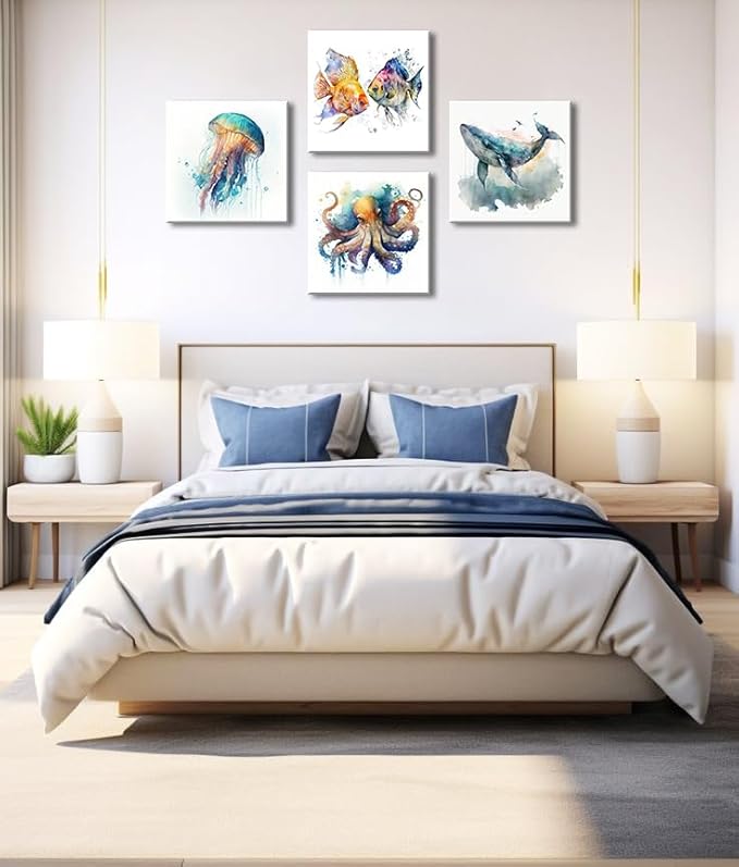 Colorful Marine Life Canvas Wall Art for Bathroom Decor, Green Jellyfish Picture Print, Watercolor Fish Artwork Sea Life Blue Orange Octopus Painting Poster for Bedroom Living Room Decoration 12"x12"