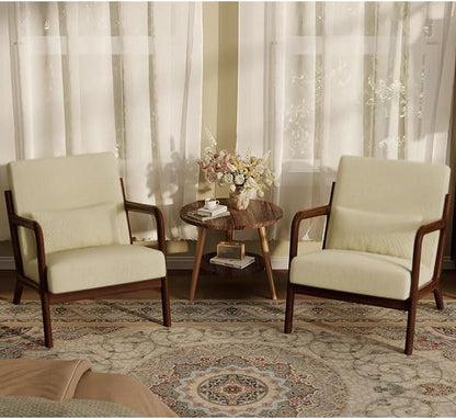 Garvee Mid-Century Accent Chair Set of 2, Cozy Reading Chair, Modern Lounge Armchair with Lumbar Pillow, Sturdy Wood Frame, for Living Room, Bedroom, Office, Beige, Fine Wale Corduroy Upholstery