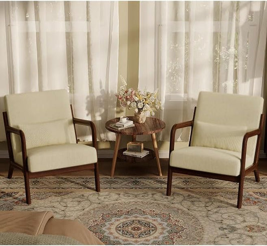 Garvee Mid-Century Accent Chair Set of 2, Cozy Reading Chair, Modern Lounge Armchair with Lumbar Pillow, Sturdy Wood Frame, for Living Room, Bedroom, Office, Beige, Fine Wale Corduroy Upholstery
