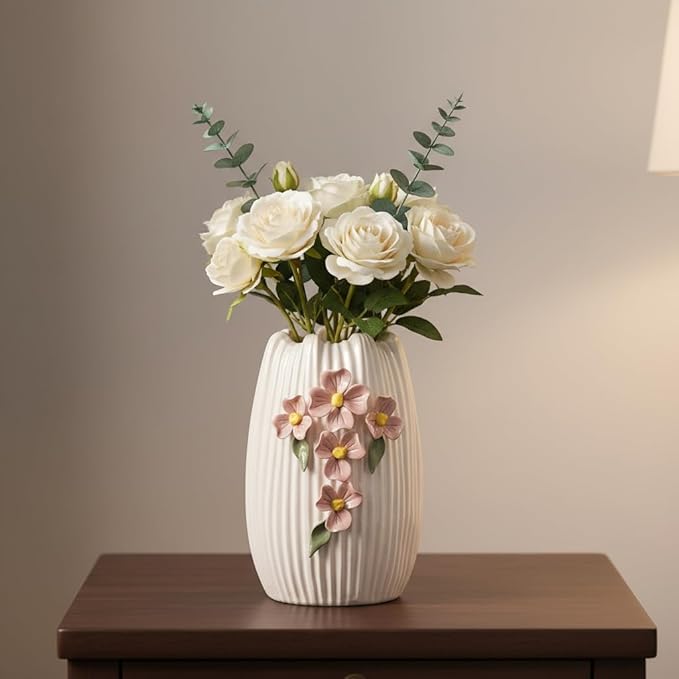 White Ceramic Flower Vase, 7 Inch Small Boho Vase for Pampas Grass, 3D Floral Modern Vases Home Decor, Wedding, Valentine, Dining Table Decoration, Bedroom Decor