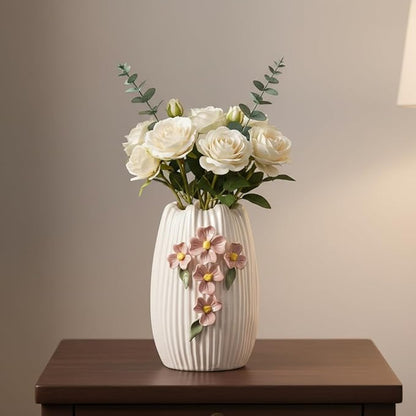 White Ceramic Flower Vase, 7 Inch Small Boho Vase for Pampas Grass, 3D Floral Modern Vases Home Decor, Wedding, Valentine, Dining Table Decoration, Bedroom Decor