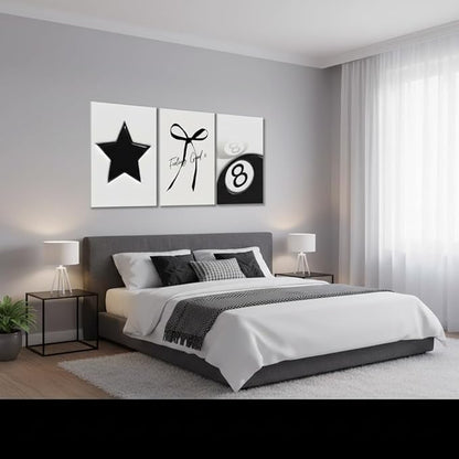 Black and White Wall Art Set of 3, Trendy Star Bow 8 Ball Canvas Wall Decor, Minimalist Aesthetic Wrapped Canvas Prints Ready to Hang for Teen Girl Bedroom Dorm Apartment Room 16x12 or 24x16 Inch